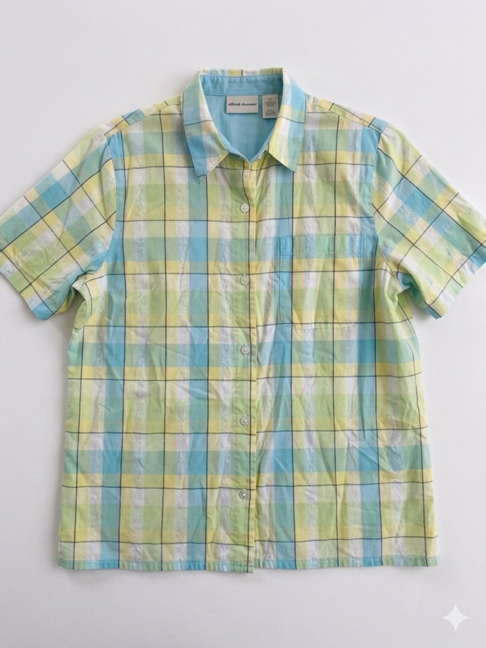 Alfred Dunner Pastel Blue & Yellow Plaid Short Sleeve Button-Up Shirt